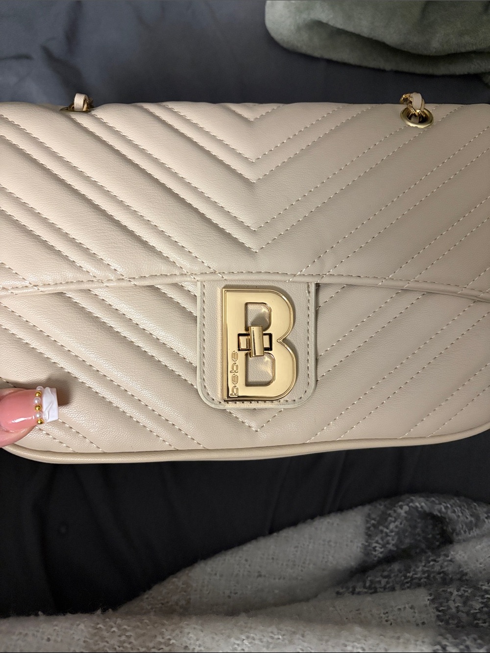 NWT Bebe Beige Quilted Shoulder Bag with Gold Hardware